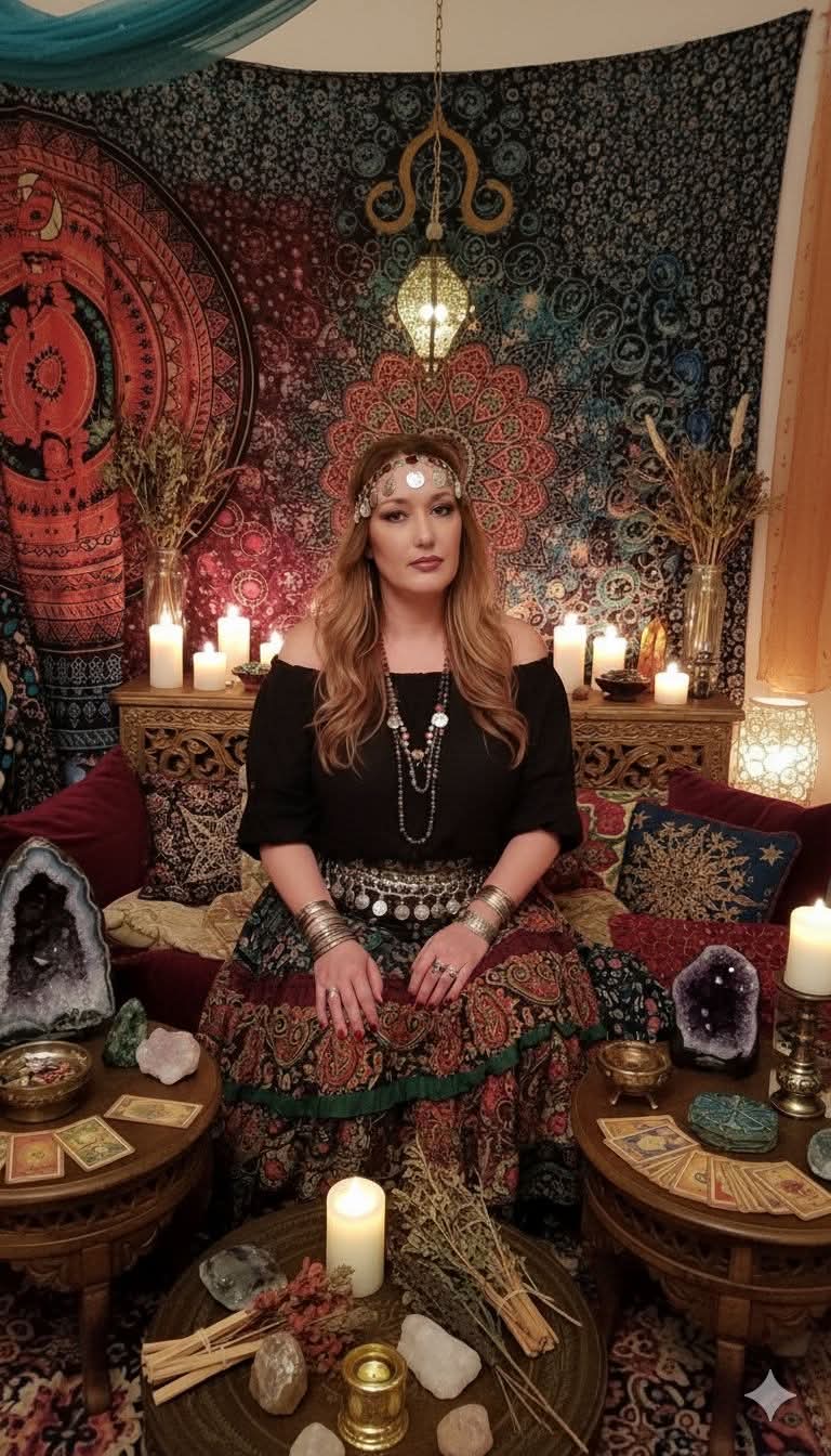 Kelli Garcia sentada entre tapeçarias, velas, cristais e cartas