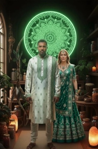Mãe Kelli Garcia e Fernando Santanna, vestidos de verde, diante de uma mandala iluminada