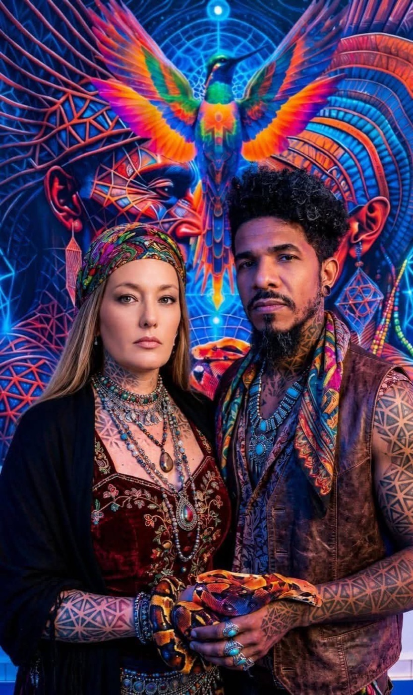 Kelli Garcia e Fernando Santanna diante de um painel com um beija-flor colorido