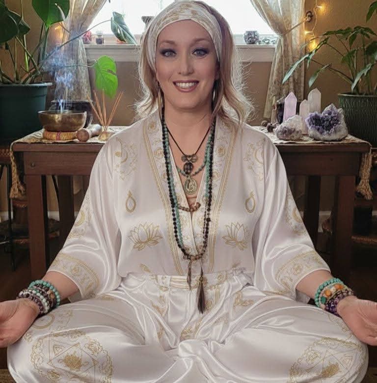 Kelli Garcia em meditação, vestida de branco com bordados dourados