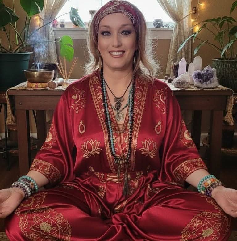 Kelli Garcia em meditação, vestida de vermelho com bordados dourados