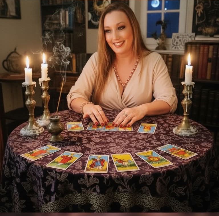 Kelli Garcia sorri diante de uma mesa redonda com cartas de tarô e castiçais