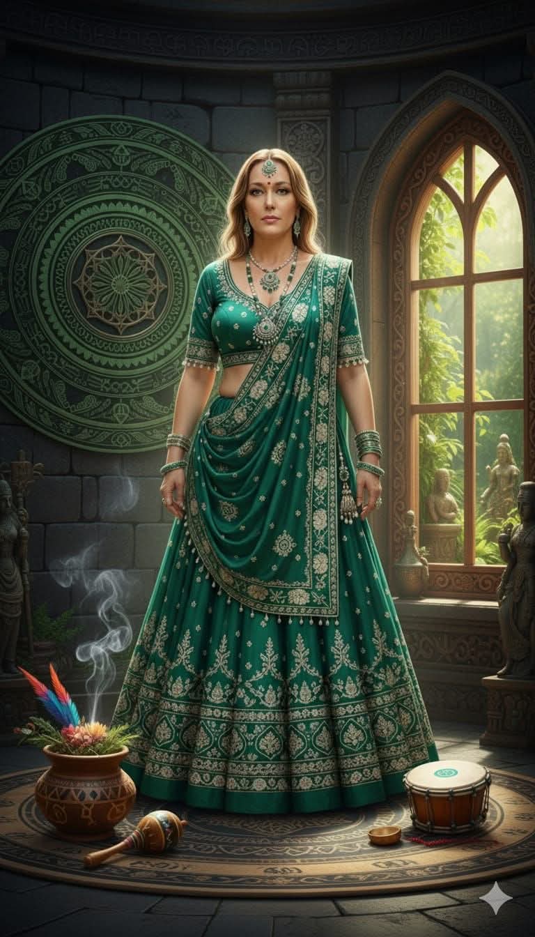 Mãe Kelli Garcia em traje verde bordado, diante de uma grande mandala