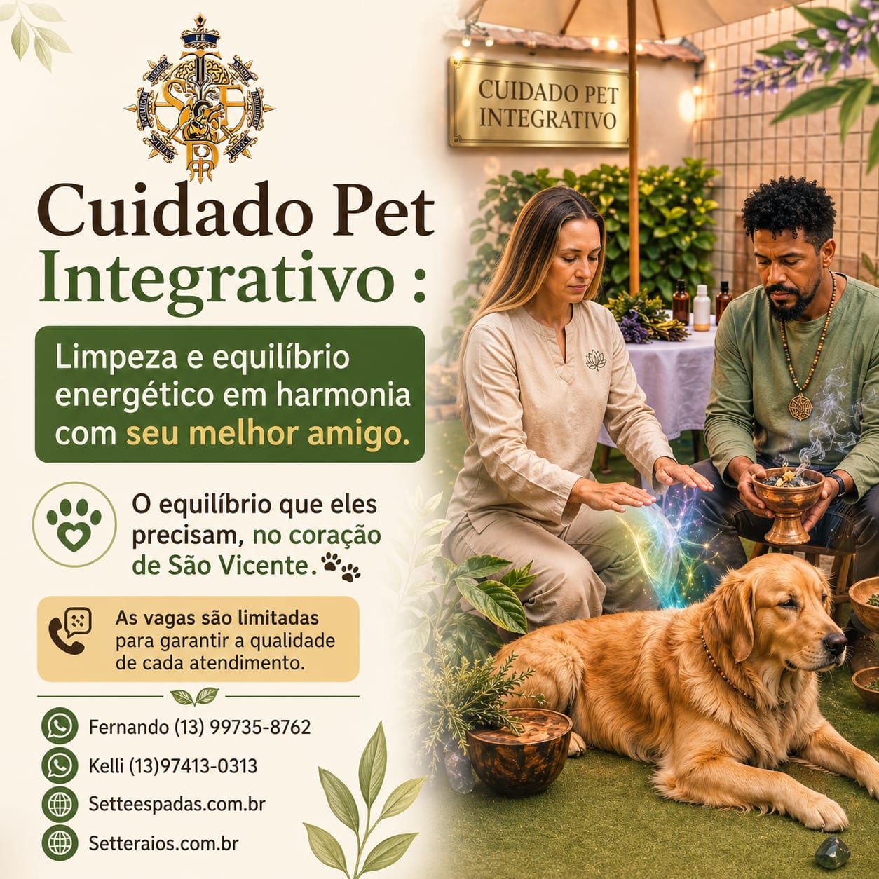 Cartaz Cuidado Pet Integrativo: limpeza e equilíbrio energético em harmonia com seu melhor amigo, com Kelli e Fernando atendendo um golden retriever