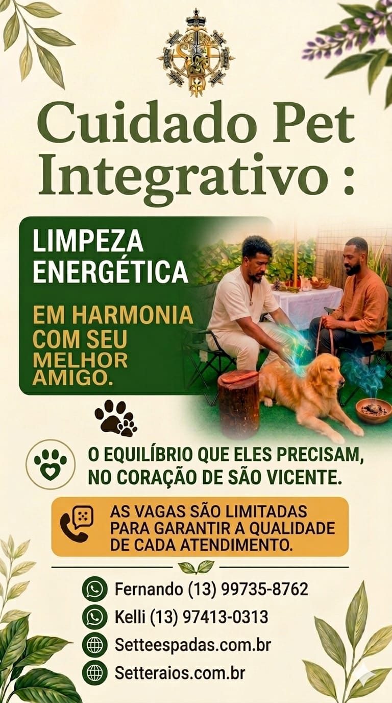 Cartaz Cuidado Pet Integrativo: limpeza energética em harmonia com seu melhor amigo, com contatos de Fernando e Kelli