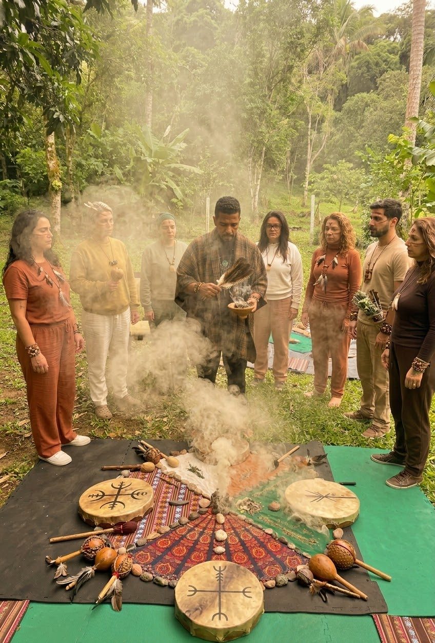Grupo em roda na mata, envolto em fumaça, em volta de um altar com tambores e maracás