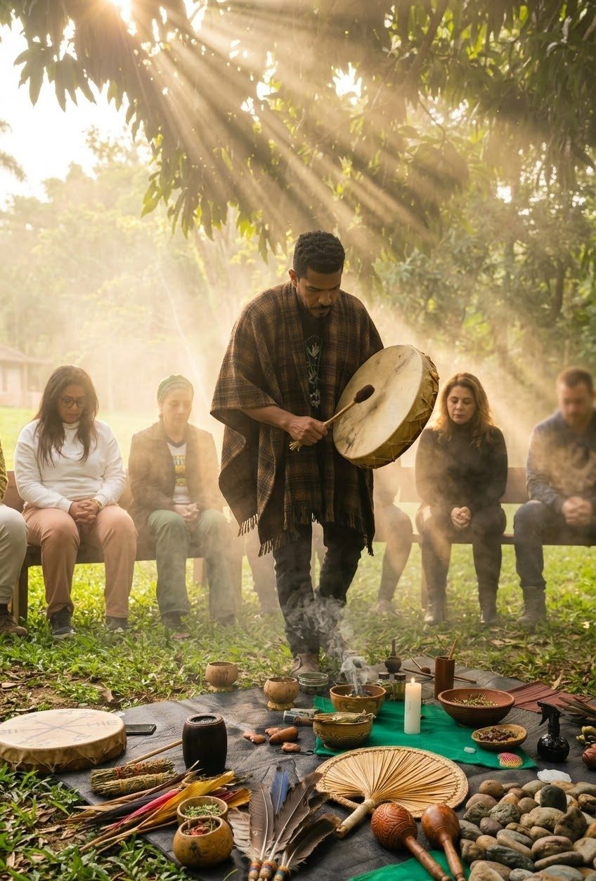 Fernando Santanna toca um tambor xamânico sob raios de sol, diante de um grupo sentado